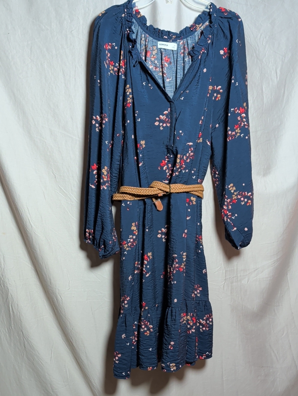 Sonoma Navy Floral Long-Sleeve Tiered Dress Fall Staple Casual Business